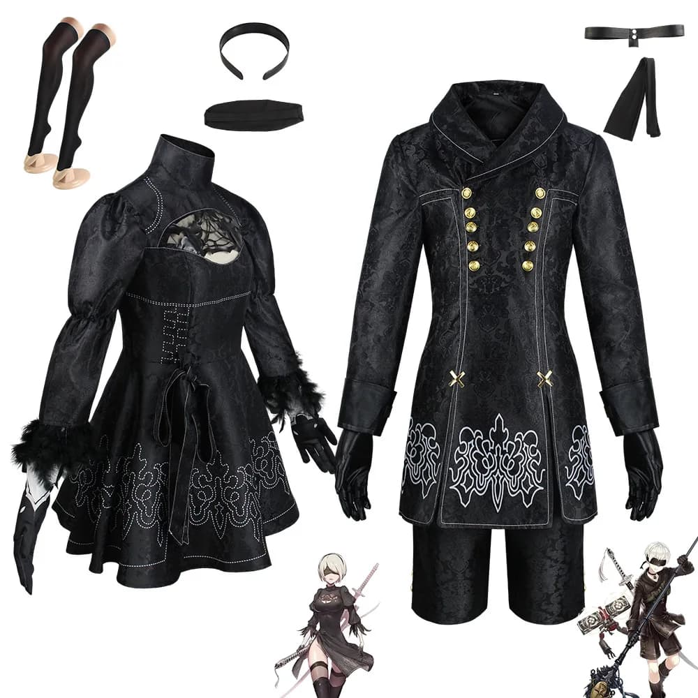 Big size Yurha 2B cosplay costume, black tight fitting dress, 2B full set Halloween girl magic girl costume, wig, gloves, eye ma