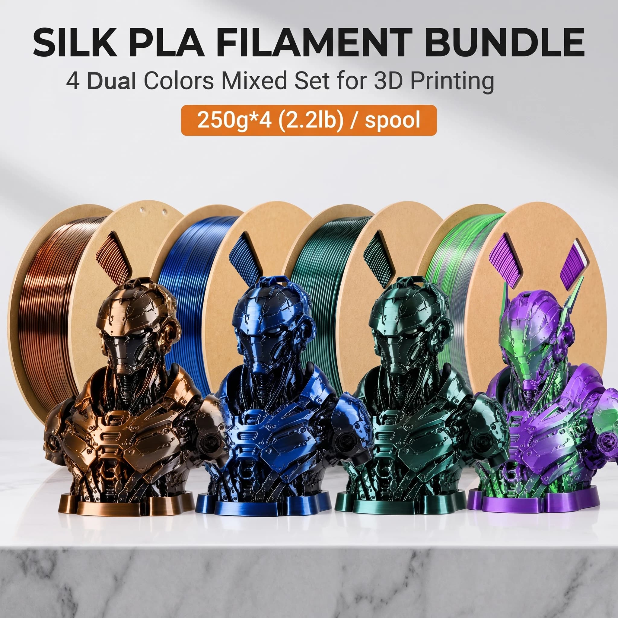 Dual Color Silk PLA 3D Printer Filament, 1.75mm, Dimensional Tolerance ±0.02mm, 200/250/500/1000g Spools