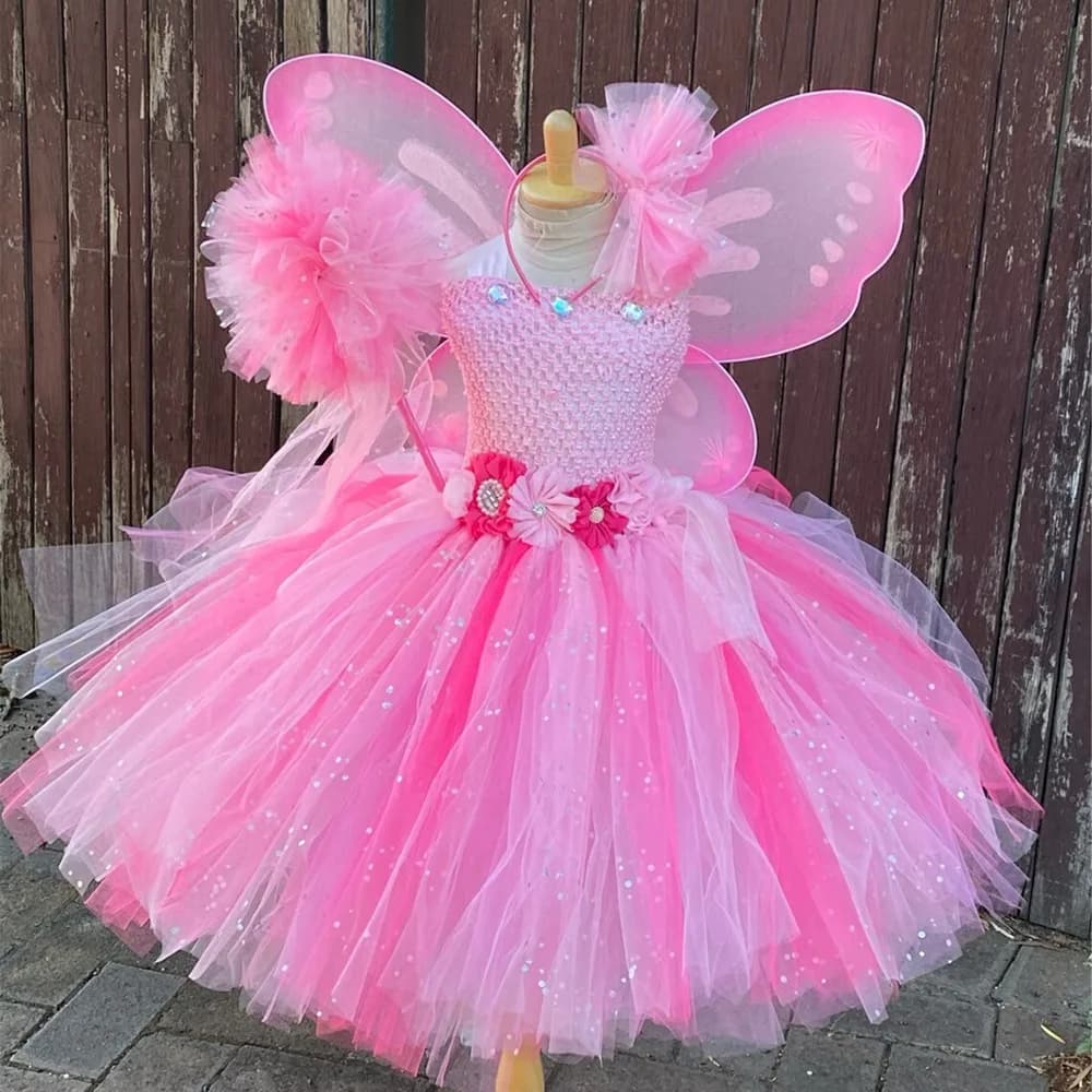 Pink Flower Fairy Dress for Girls Glittered Tutu Dress for Kids with Butterfly Wing and Hair Flakes Set Costumes for Kids Cosplay Party
