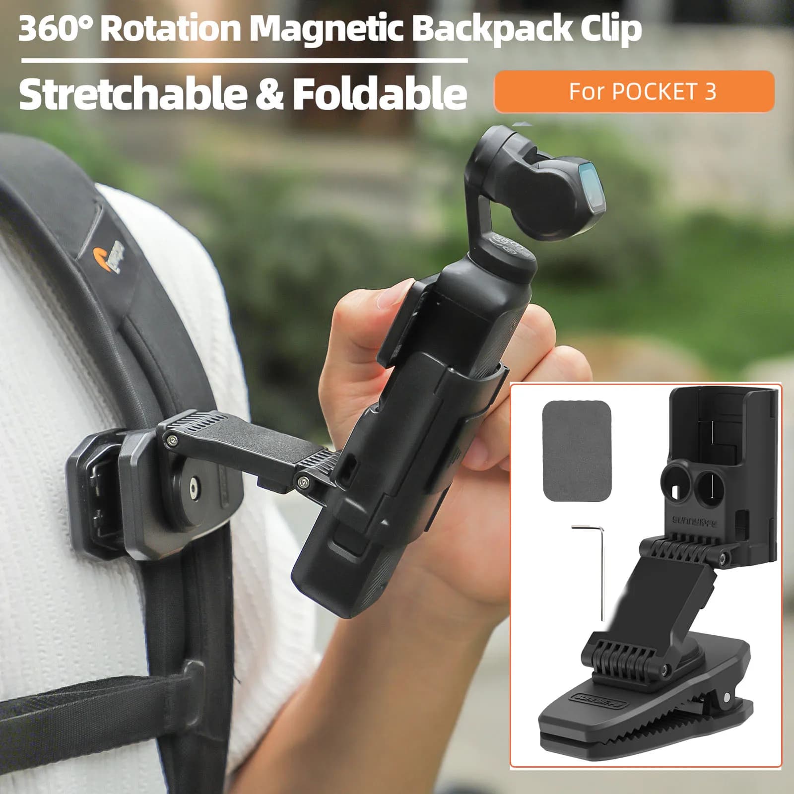 360 Degree Rotating Backpack Clip for OSMO Pocket 3 Stretchable Foldable Magnetic Suction Camera Clamp Mount Holder for Pocket 3