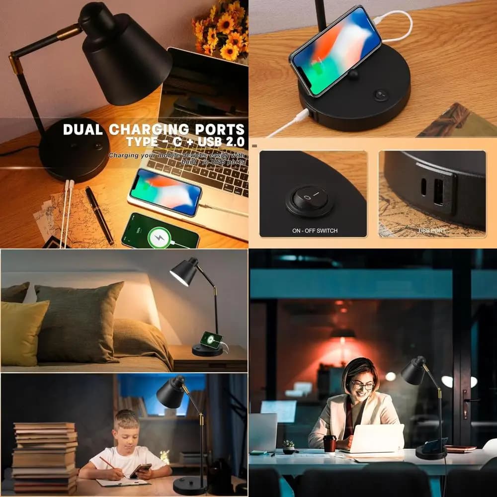 Lampada da scrivania in metallo con doppia porta USB, 270 ° Lampada Girevole, Luce Calda 3000K, Ideale per Lettura e Uso in Ufficio (Nera)