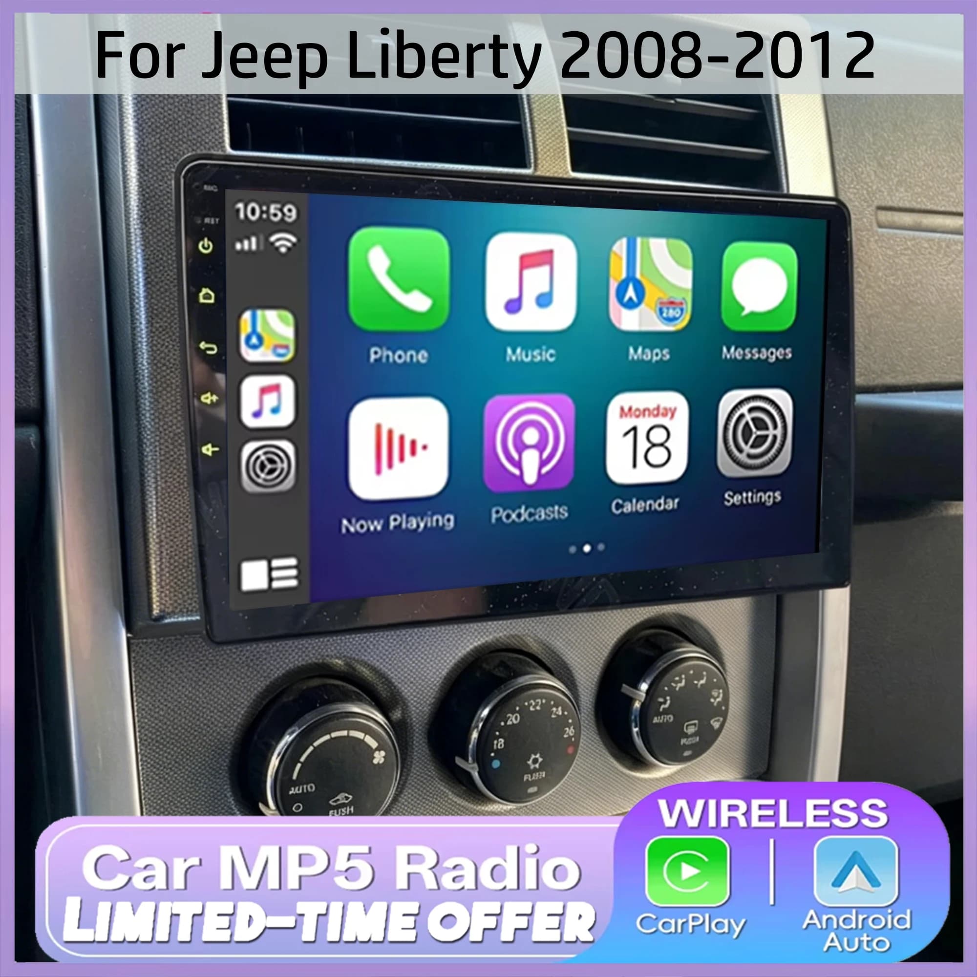 Autoradio da 10 Pollici per Jeep Liberty 2008-2012, 4+64G, Navigazione GPS, Carplay, Android 15, Bluetooth, Touchscreen, WiFi, Lettore Multimediale per Auto
