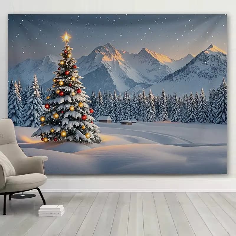 VIKAMA Snow Mountain Christmas Tree Wall Tapestry Realistic Photography Pine Forest Snowy Landscape Star Ornament Aesthetic Home