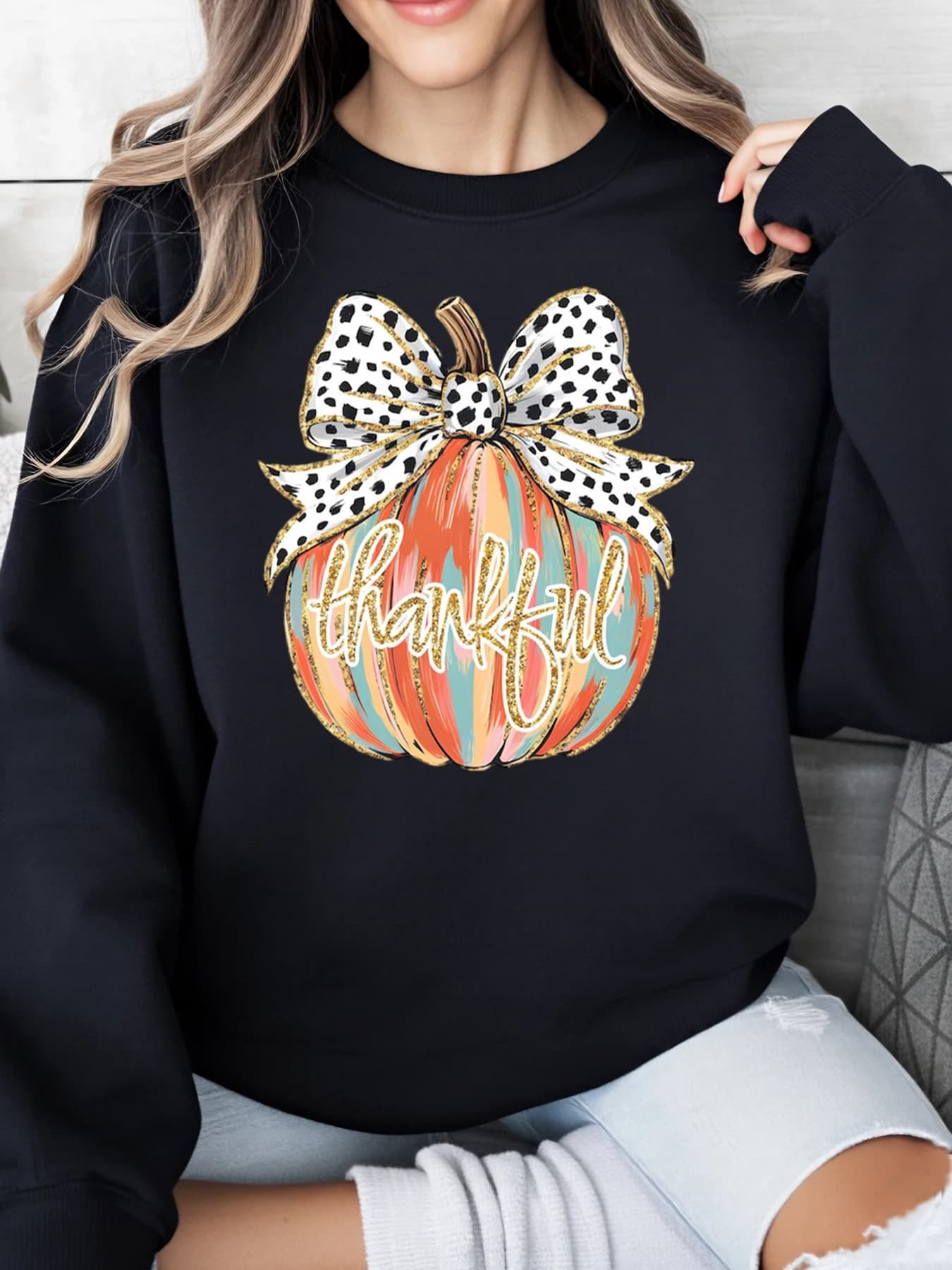 Sweatshirt for Thanksgiving with pumpkin with bow and lyrics for women Clothing casual autumn Black Plus Sizes