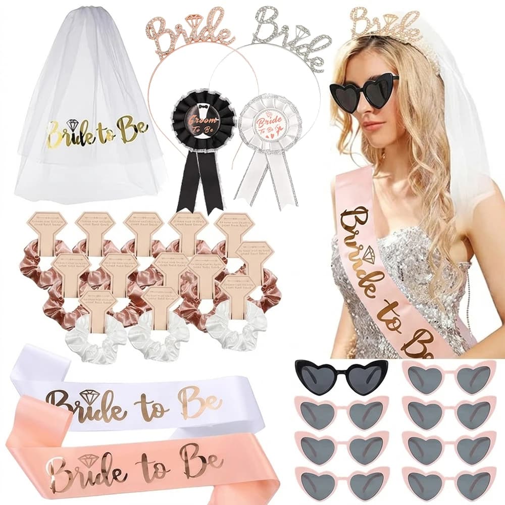 Kit Decorazioni per Addio al Nubilato Oro Rosa: Velo, Fascia, Tiara, Occhiali a Cuore, Team Sposa, Forniture per Hen Party e Bridal Shower
