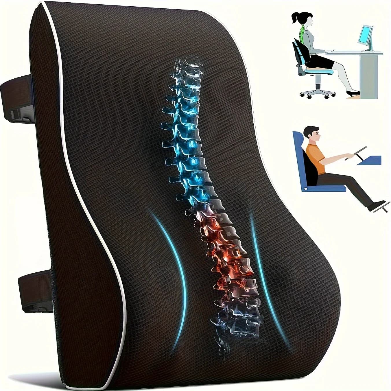 Cuscino lombare in memory foam per mal di schiena bassa: supporto regolabile, rete traspirante, cinghie universali per sedia da ufficio e auto.