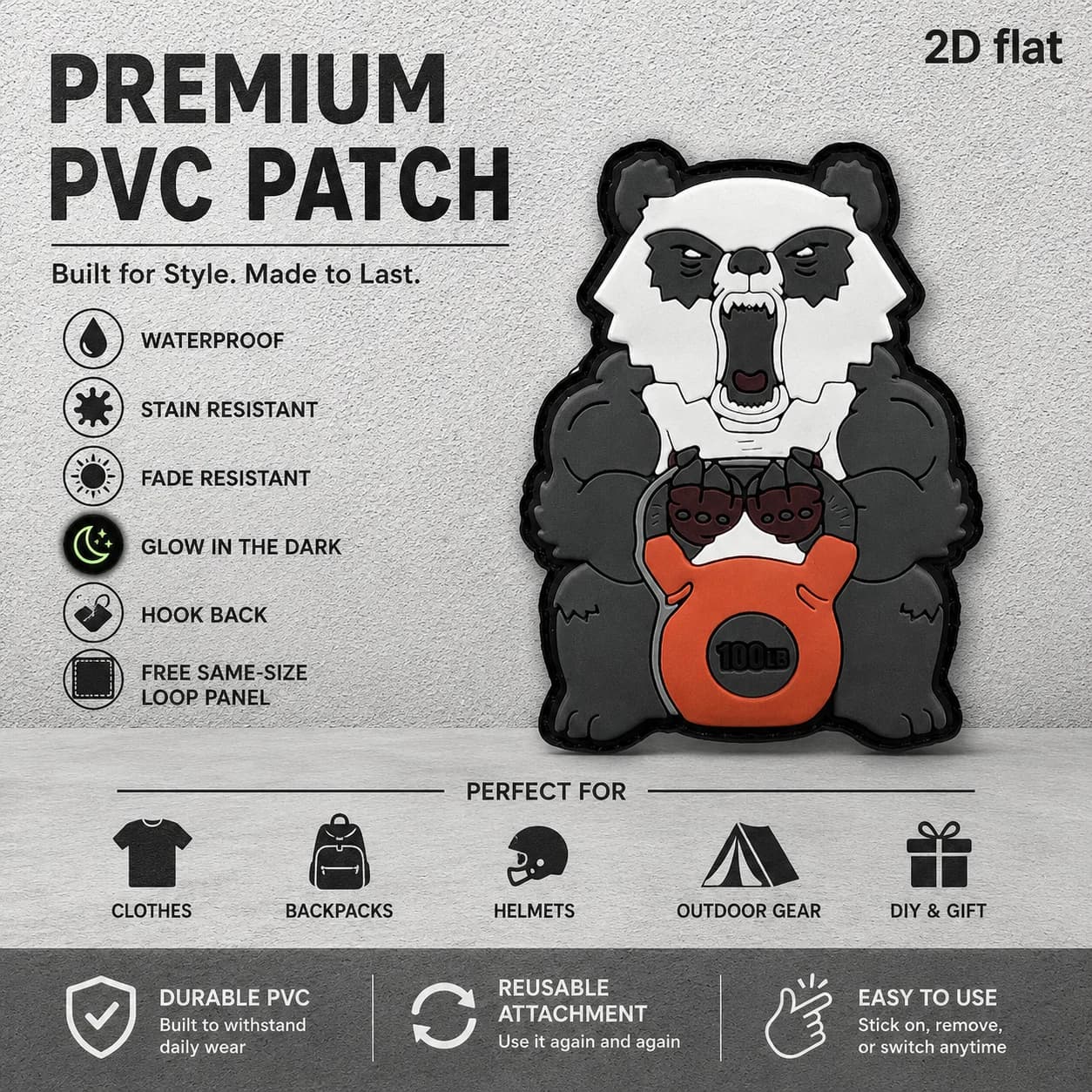 Kettlebell Fitness Panda-Shaped Pattern 2D Flat Pvc Material with Glow-In-The-Dark Effect, Magic Sticker Patch, Includes Felt Backing, Available in Various Sizes, 1Pc/2Pcs/3Pcs, Helmet, Hat, Cycling Bag, Clothing, Personalized Diy, Versatile Decorative Patch