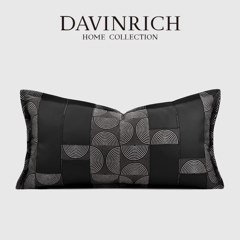 DAVINRICH Fodera per cuscino lombare di design contemporaneo spagnolo Tessuto di lusso in pelle Splicing Geometria Federa per cuscino Nero Grigio cenere