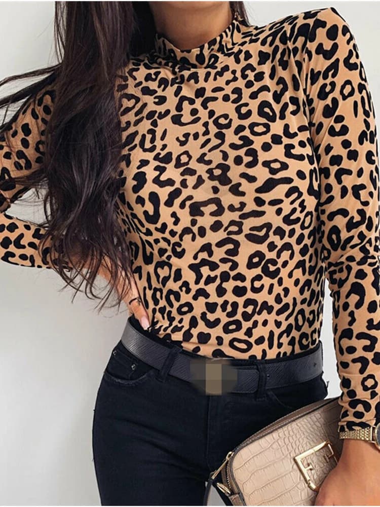 Camicette da donna camicetta a collo alto con stampa leopardata di moda camicie a maniche lunghe autunnali vestiti da donna per feste camicette e top da donna