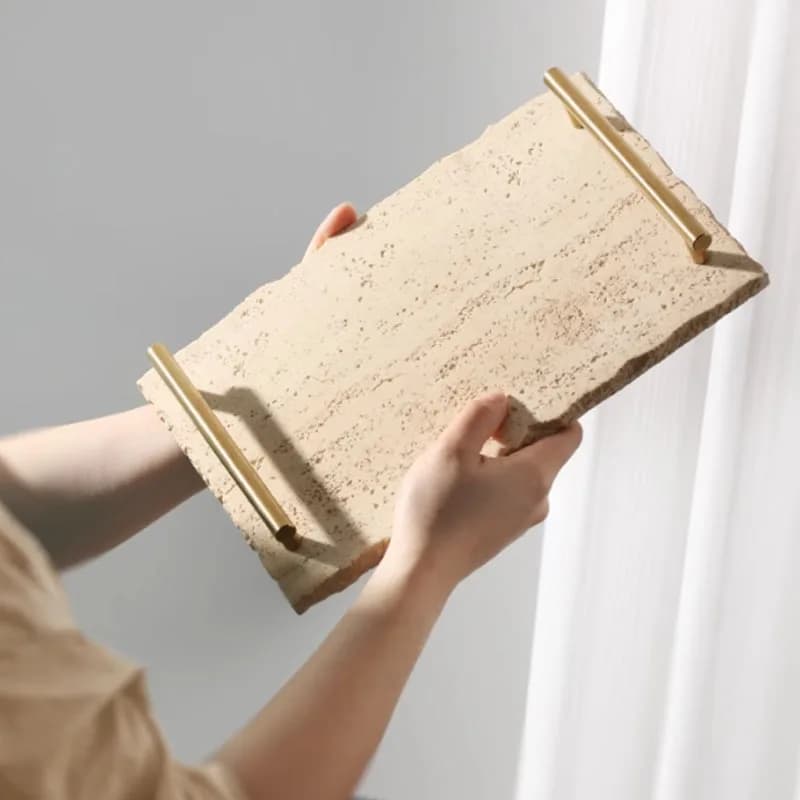Vassoio organizer da bagno in travertino, installazione senza trapano, design drenante per lavandino da appoggio con supporto per tazza per spazzolino