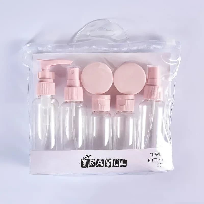 Set da Viaggio 7 Pezzi: Borsa Porta Flaconi, Kit per Trucco, Shampoo, Bagnoschiuma, Prodotti per la Cura della Pelle, Crema Mani, Flaconi Ricaricabili per Spray e Lozione