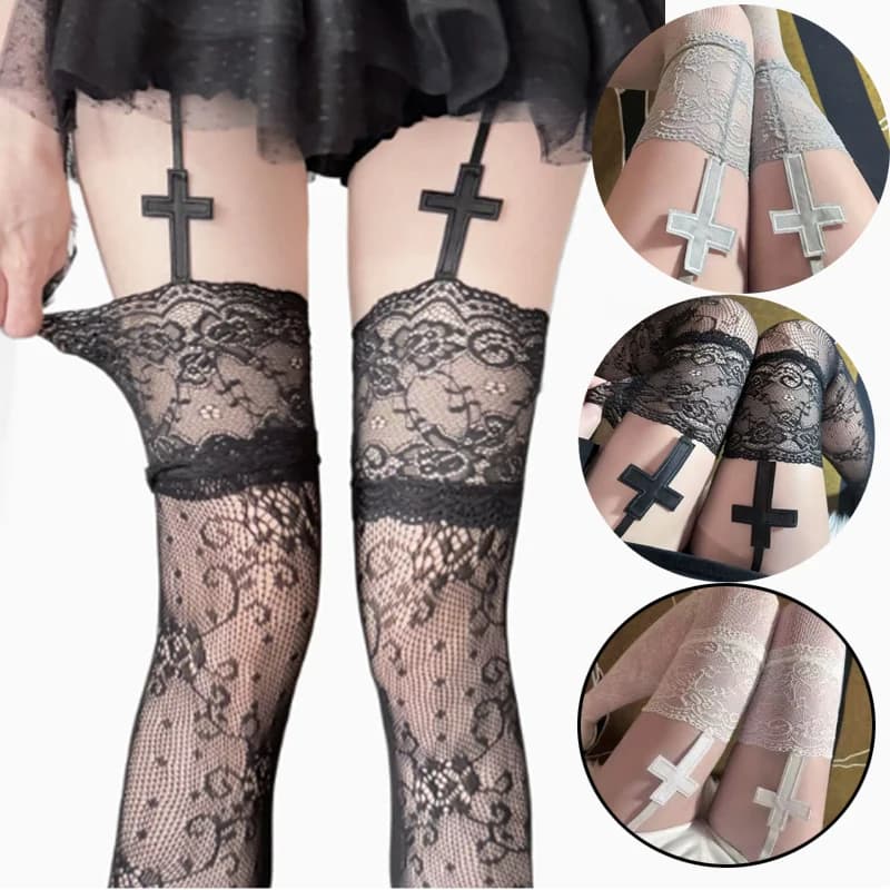 Calze Nere e Bianche con Motivo a Pizzo e Design a Croce, Calze Ultra Sottili a Rete Sopra il Ginocchio, Calze a Rete Sexy per Feste