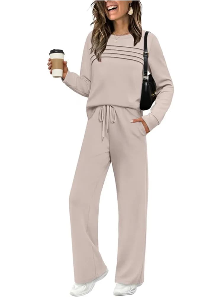 Autumn Casual O-Colle Top Set Two Piece Fashion Women Solid Long Sleeves Lace-up Shirts Long pants Women's Dress Spring Outfit