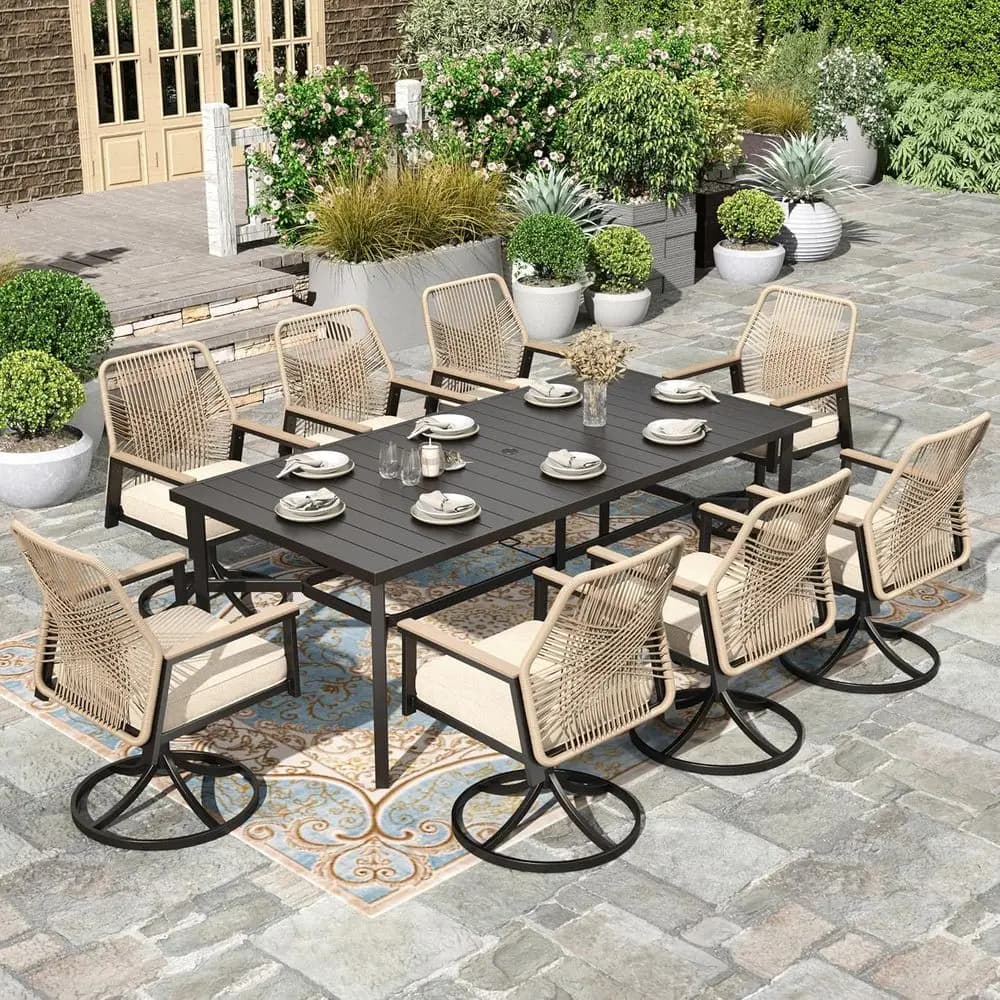 9 Pieces Outdoor Dining Set, Patio Table and Chairs or 8, Cushioned Swivel Chairs and 1 x 83 Large RecDining Table, Outdoor Dini