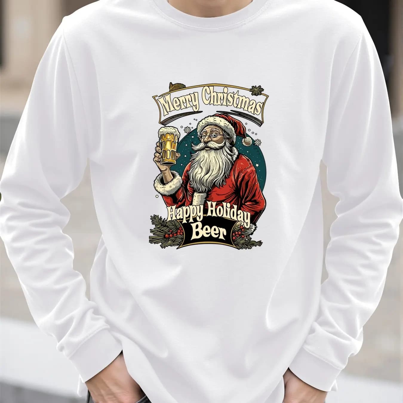 Men's Long Sleeved T-shirt with Pattern Santa Claus Funny Christmas Tree Print Top Wide Autumn Fashion X'mas Tees New Year's Clothing