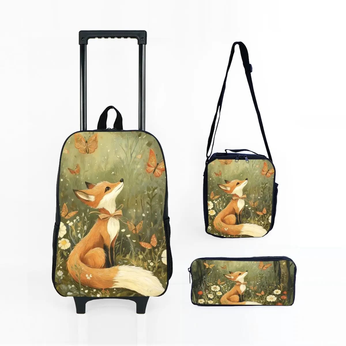 Set di Borse Trolley con Stampa Volpe Carina, con Borsa Termica e Astuccio con Ruote, Zaino Trolley Scolastico per Ragazze/Ragazzi