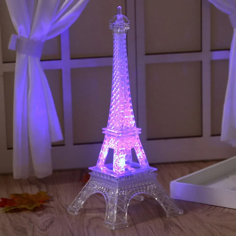 Mini Acrylic Eiffel Tower Night Light LED Desk Lamp Seven Colors Changing for Bedroom Home Party Cake Topper Decoration
