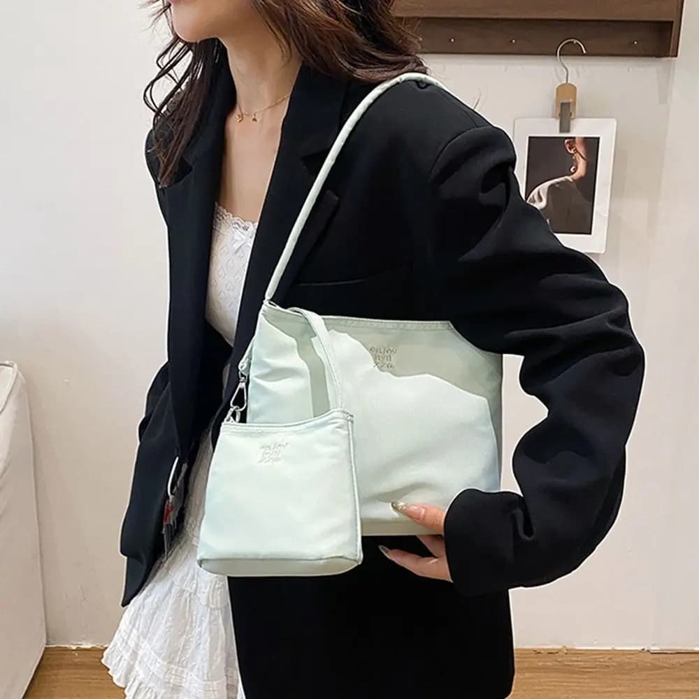 Korean Style Nylon Tote Bag Handbag Large Capacity Embroidery Letter Underarm Bag All-match Pure Color Cloth Shoulder Bag Women