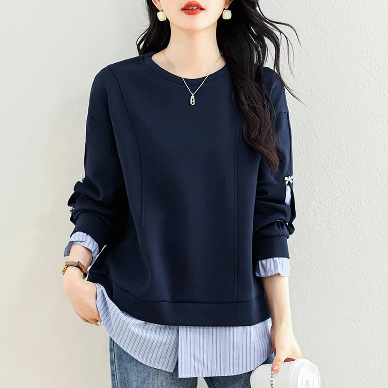 Fashionable hoodie strong sizes with striped inserts, long sleeves, crew neck, two-piece effect, trendy, for woman