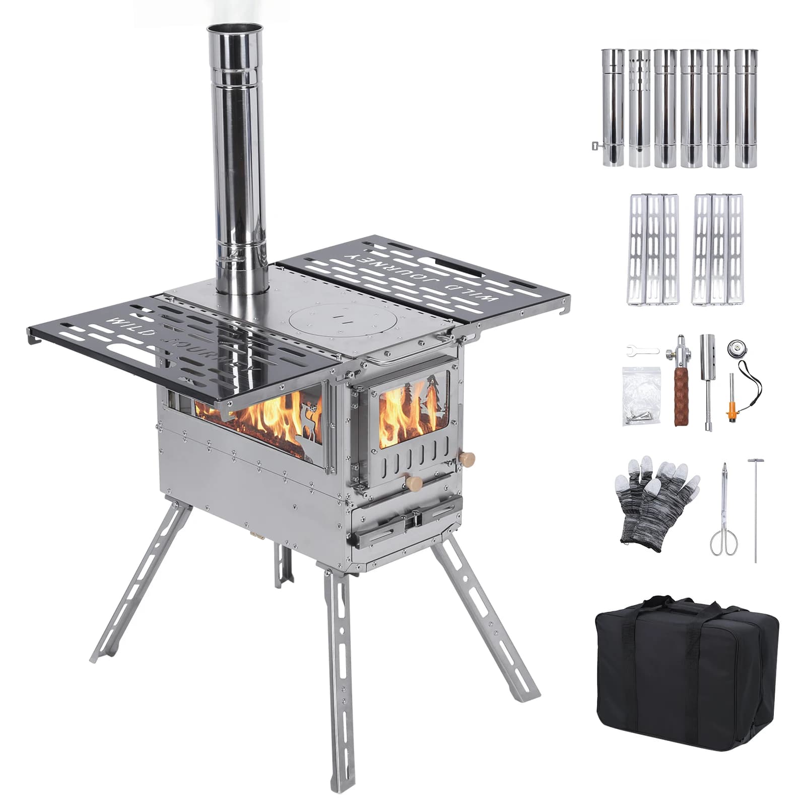 Hot curtain stove with oven and camping table with fireplace hose Stainless steel wood curtain stove for heating, kitchen, hunting