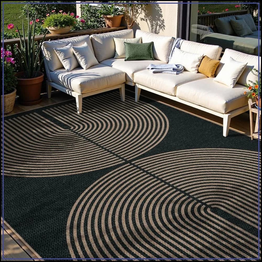 Modern Rainbow Jute Rug, Washable 8x10 for Living Room Indoor Outdoor Patio Farmhouse Large Carpet, Non Slip Black Carpet for Bedroom Backyard Office Decor