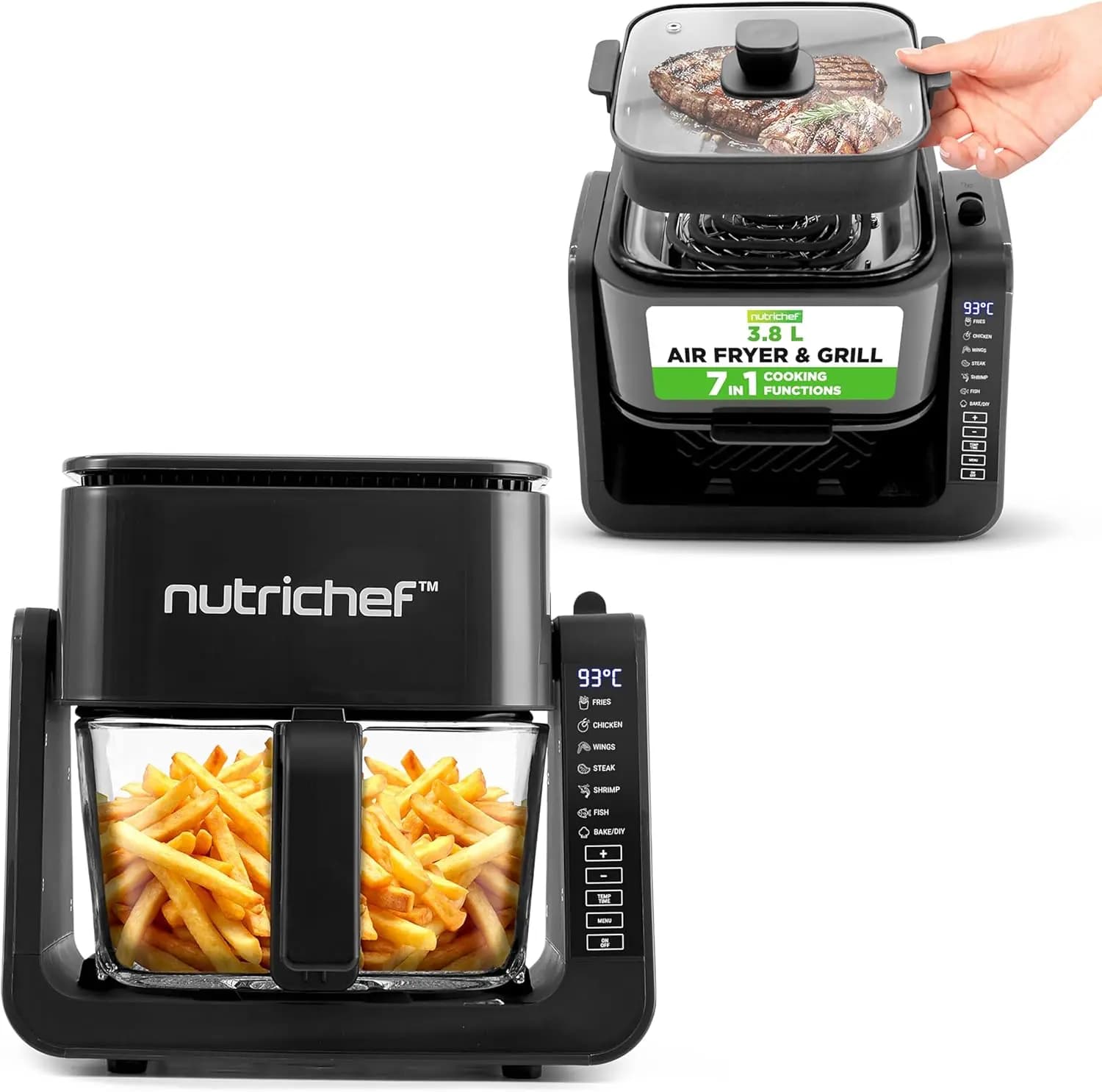 Friggitrice ad Aria e Grill da 4 QT con 7 Modalità Preimpostate, Ciotola Trasparente per Piatti Croccanti - Cucina Bistecche, Patatine Fritte, Ali di Pollo e Altro Ancora