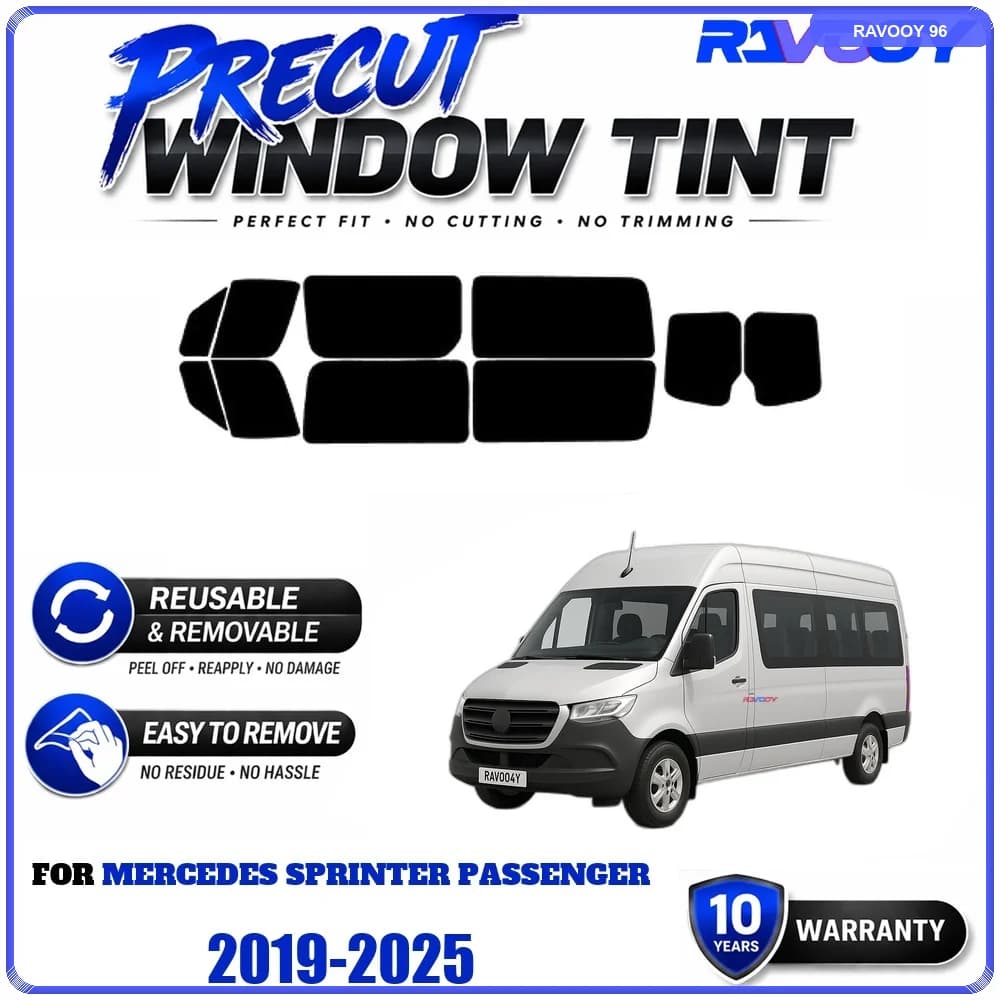 RAVOOY Precut Window Tint, Reusable Removable EPU Film, Custom Fit for Mercedes Sprinter Passenger 2019-2025, UV Heat Protection