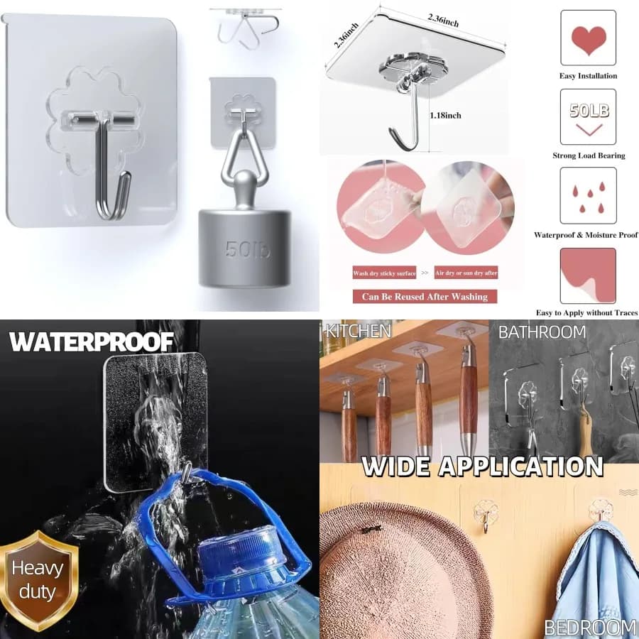 24 confezioni di ganci adesivi trasparenti riutilizzabili impermeabili per appendere a parete resistenti, ideali per tende da cucina, asciugamani e bagno