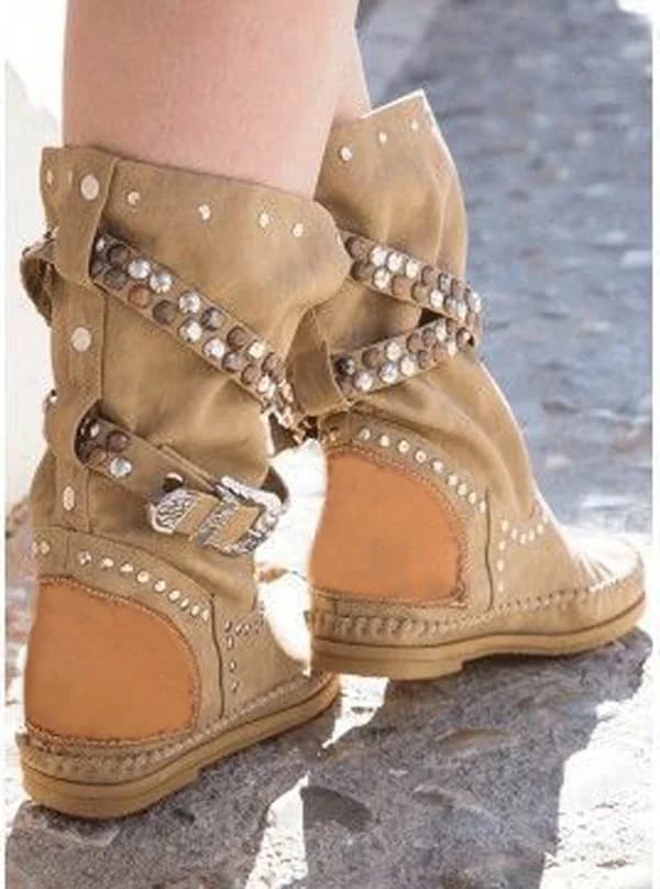 Women's Summer Rivets Studs Belt with Buckle Mid-Flush Boots Flat Fashion Patchwork Women's Suede Slip on Long Boots