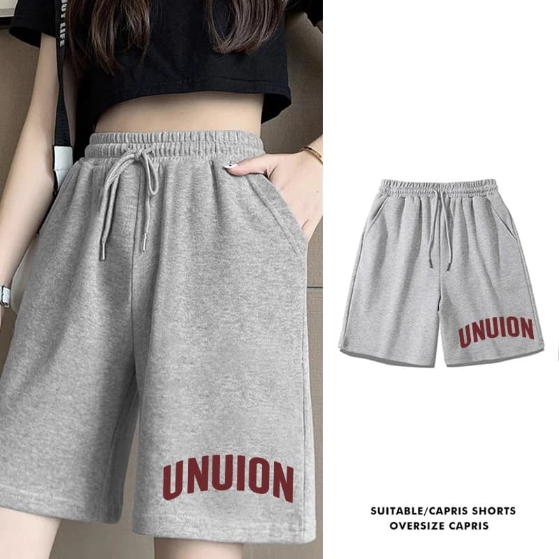 Grey Cotton High Waist Wide Leg Pants Women's Summer Large Size Straight Cut Five-Quarter Casual Loose Sports Shorts