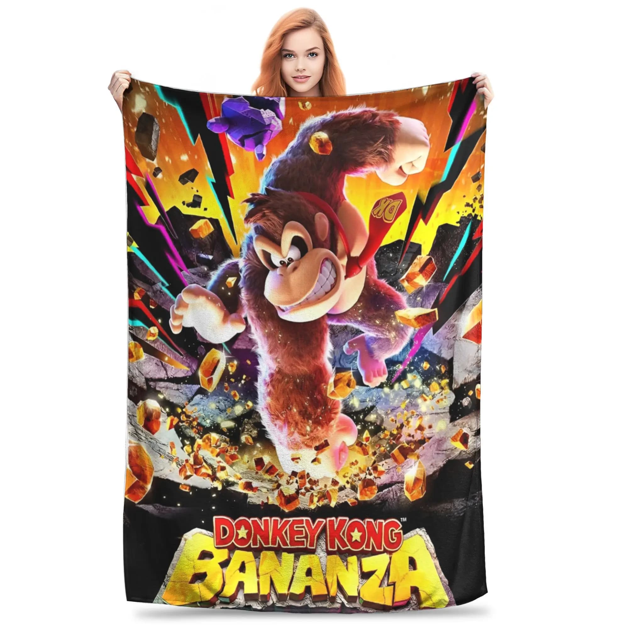 Coperta da gioco Donkey Kong Bananza, morbida e calda, con motivo in peluche, per ragazzo e ragazza, copriletto in flanella per esterni