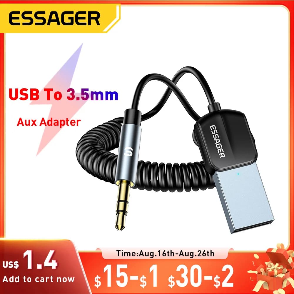 Essager USB Bluetooth 5.0 Ricevitore Adattatore Bluetooth Aux per auto Jack da 3,5 mm Altoparlante Auto vivavoce Trasmettitore musicale audio per auto