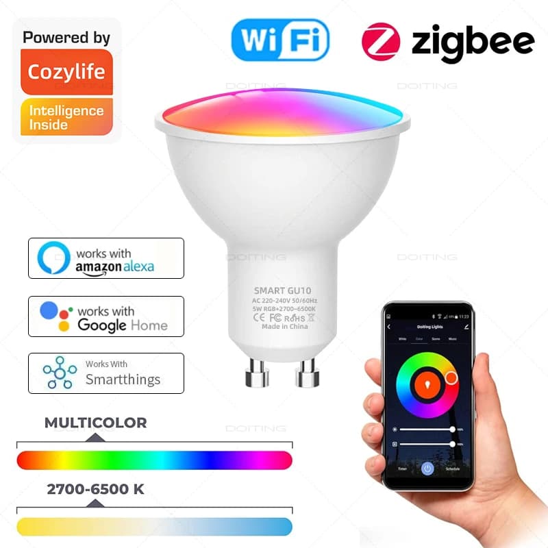 Lampadine a LED GU10 Zigbee Lampada a LED intelligente Wifi Faretti a LED RGBCW Funziona con Alexa Google Smartthings 110V 220V Controllo vocale
