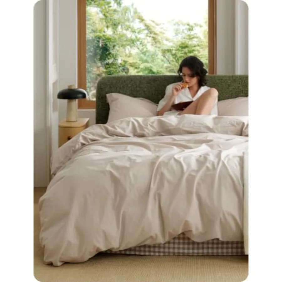 100% Washed Cotton Duvet Cover Queen Size - Oatmeal Minimalist Bedding Set Linen Like - PureWoven Plain Simple and Soft Comfort