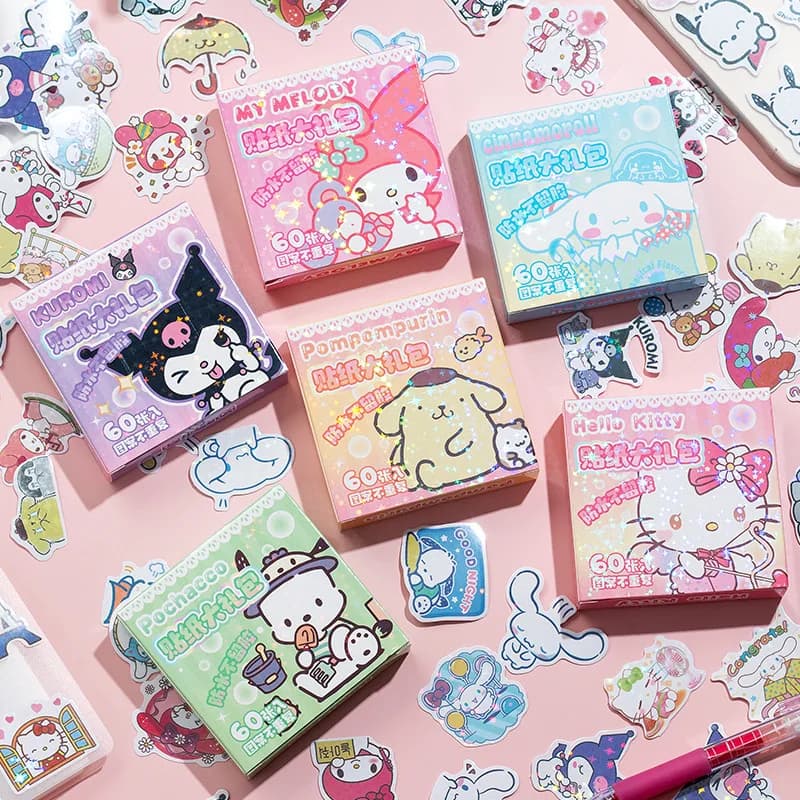 Sanrio Square Cover with Laser Incise Stickers - DIY Card Stickers with Jade Cane - 60 Pieces in a Box