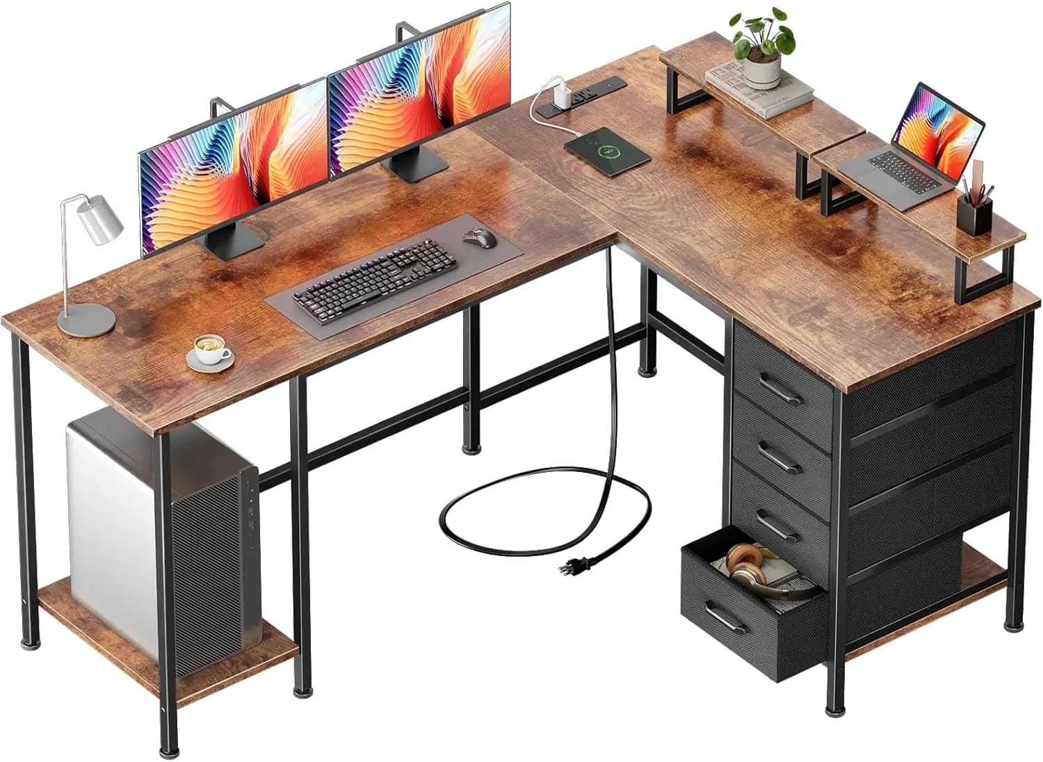 59-inch L-Shaped Computer Desk Featuring Power Outlets, Home Office Desk with Four Adjustable Storage Drawers & Two Monitor Stands, Dual-Person Gaming Desk for Bedroom, Rustic Brown
