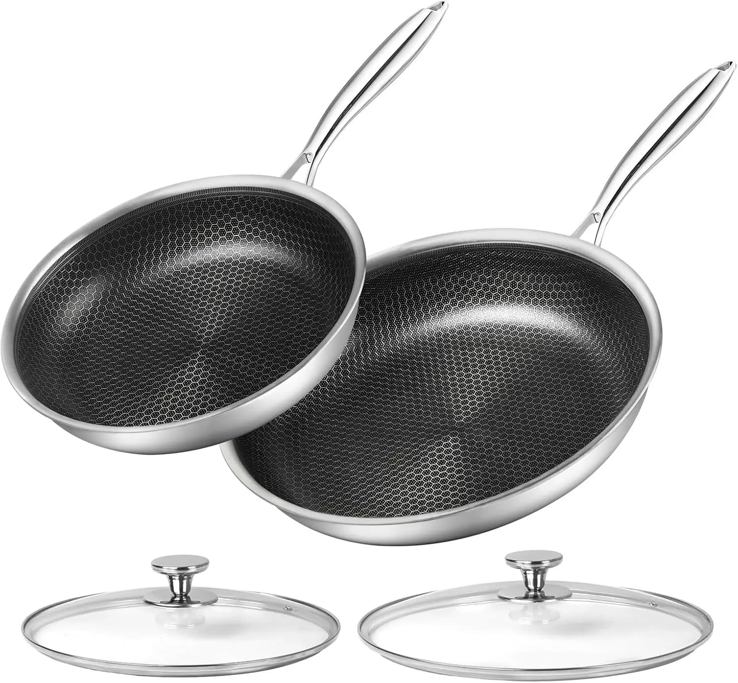 10" & 12" Stainless Steel Frying Pan Set Nonstick Honeycomb Coating Skillet 2pcs with Lid, Stay Cool Handle, Works on Induction Gas Stovetop