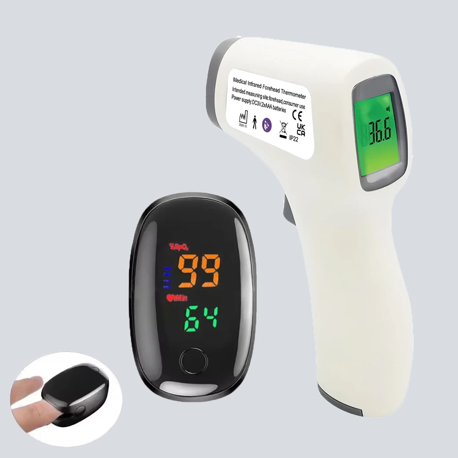 Set termometro e pulsossimetro medico portatile | Termometro IR auricolare senza contatto per temperatura corporea per bambini e adulti e ossigeno nel sangue Mon