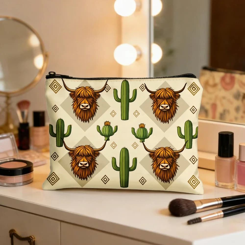 Borse per il trucco con stampa fantasia Highland Cow Cactus per ragazze, pochette per cosmetici, borsa da toilette, astuccio per matite, custodia da viaggio