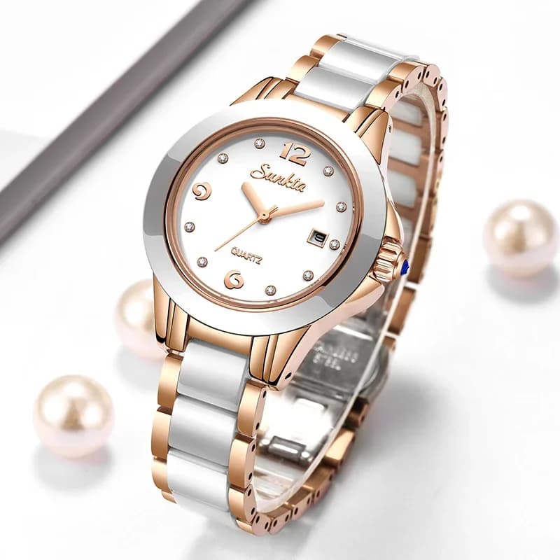 Sunkta Fashion Casual Quartz Watch Elegant Ceramic Luxury Calendar With Diamonds Waterproof Women's Watches Montre Femme