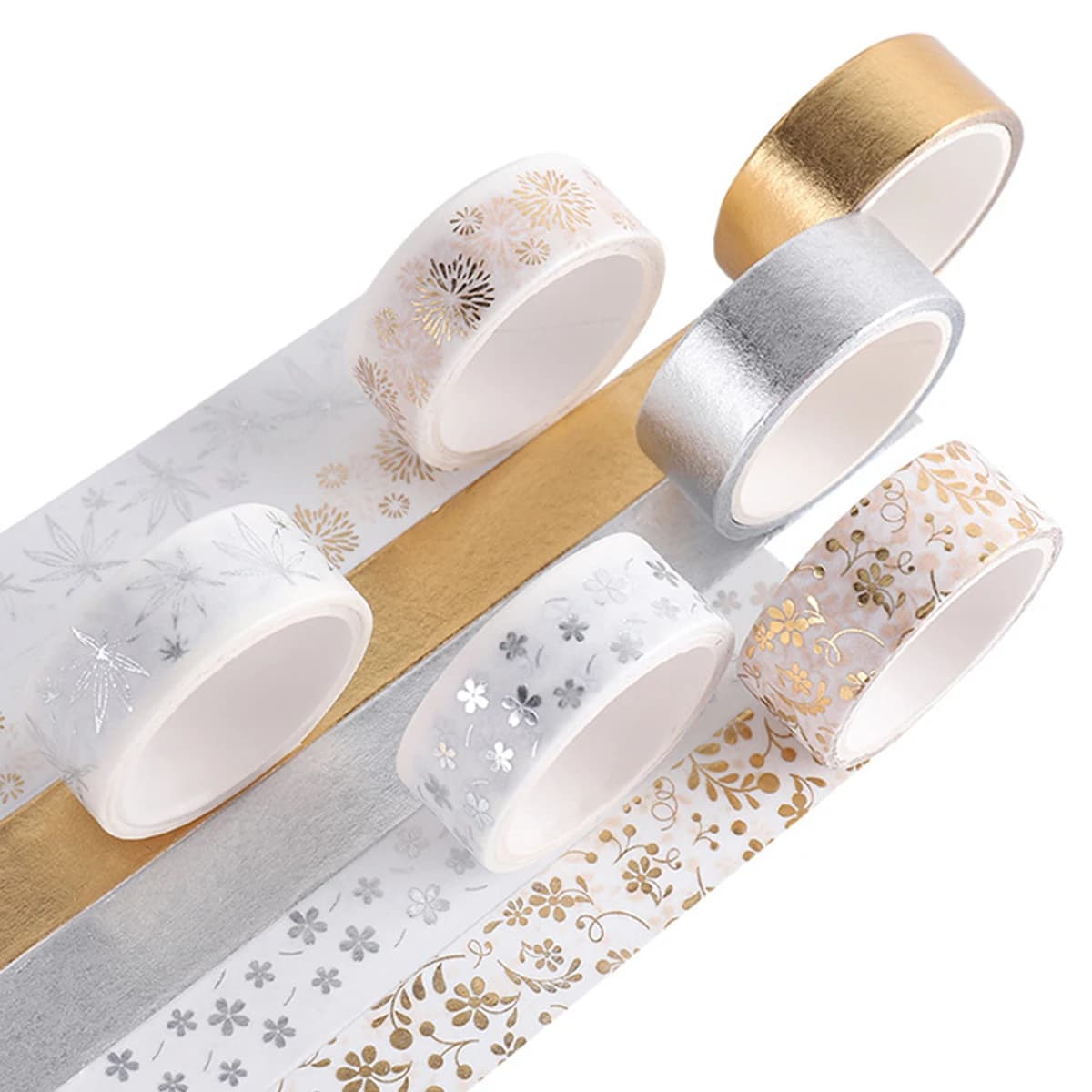 6 Rolls Gold Foil Washi Tape Set, Metallic Silver Floral Decorative Tape for Scrapbook Journaling Planner DIY Craft Supplies