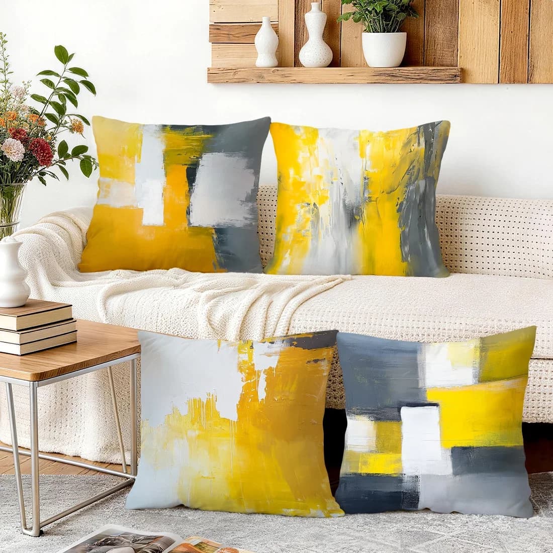 4 pezzi di fodere per cuscini con motivi geometrici gialli, bianchi e grigi, stampate su un solo lato, per soggiorno, camera da letto, decorazione per auto