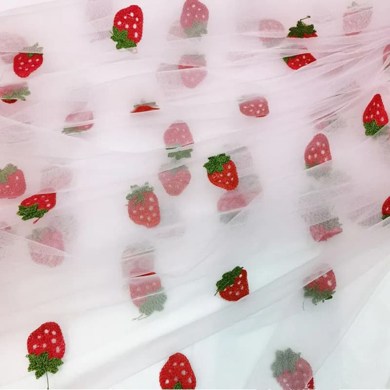 White Pink Strawberry Embroidery Tulle Mesh Fabric Cute Dress Children's Clothing Sewing Baby Shower DIY Cloth Home Decoration