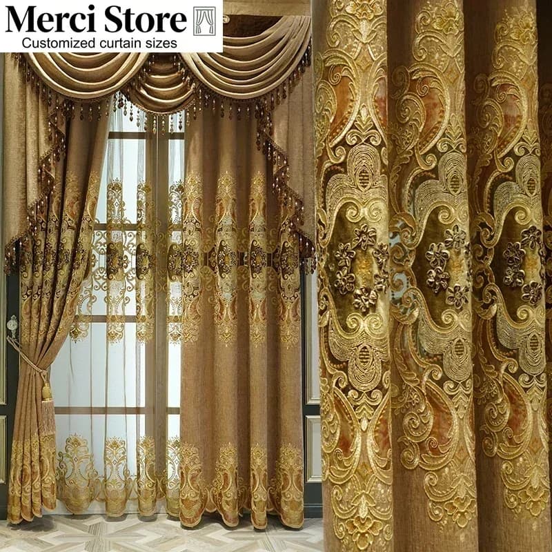 European Embroidery Retro Chenille Luxury Curtains for Living Room Dining Room Bedroom Blackout Valance Curtain Tulle Home Decor