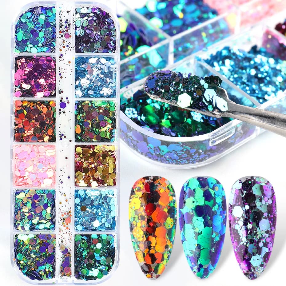 1 Set Camaleonte Paillettes per unghie Sirena Specchio Esagono 3D Glitter Fiocchi Paillette DIY Laser Paillettes Smalto Consigli per manicure