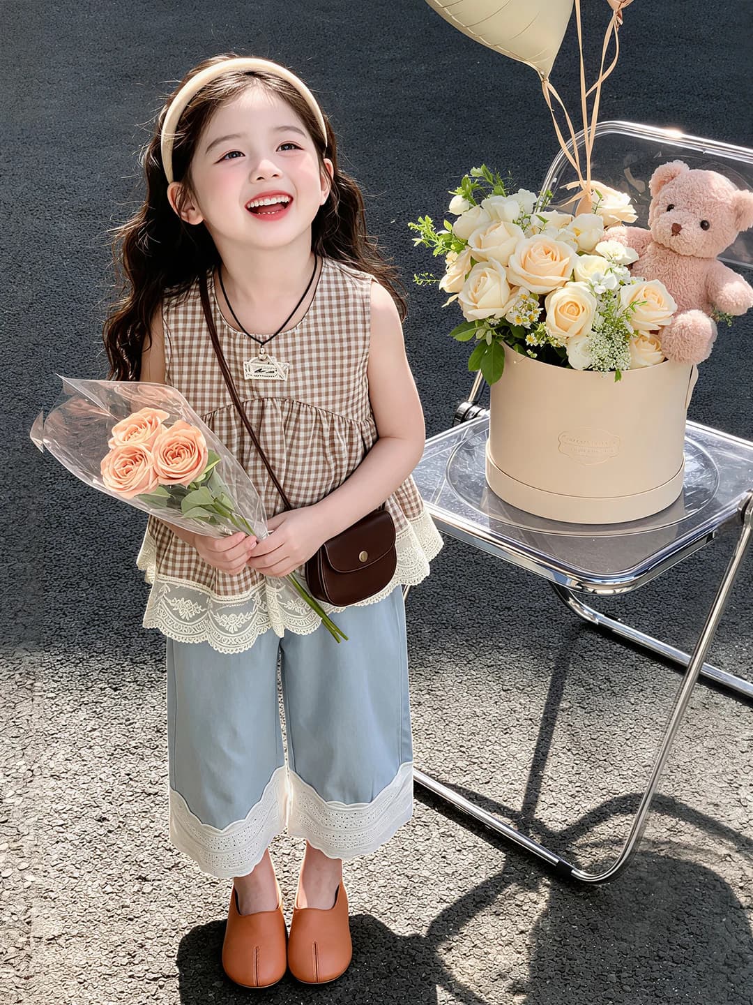 Girls Summer Outfit 2025 New Style Lace Trimmed Plaid Sleeveless Loose Denim Two-Piece Set Fashionable Casual Sportswear