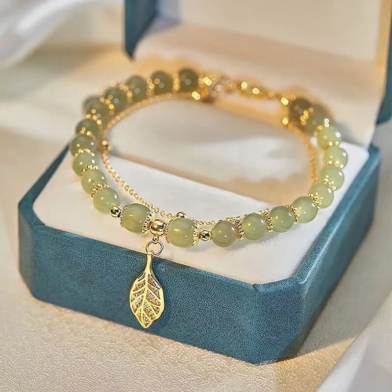 Per le donne Squisito cinturino da polso con foglie color oro Bracciale a doppia catena Regali per ragazze Bracciale in giada verde stile cinese