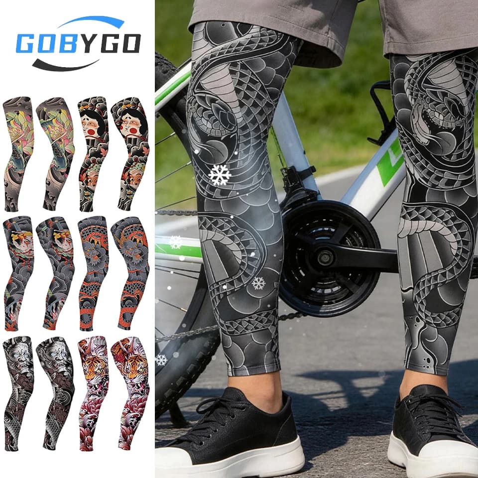 GOBYGO 1 paio di maniche per gambe con stampa effetto tatuaggio, strisce antiscivolo in silicone, protezione per le ginocchia, per ciclismo sportivo, tessuto rinfrescante traspirante e resistente ai raggi solari