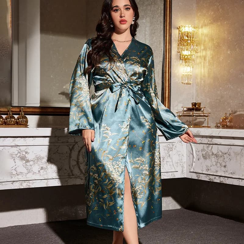 Plus Size Floral Print Satin Robe V Neck Long Sleeve Tie Waist Long Kimono Women Loungewear Bathrobe Morning Gown