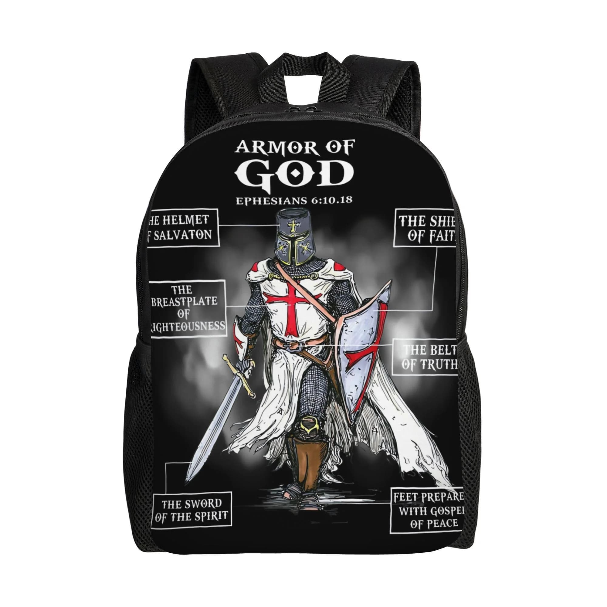 Biblical Verses of the Armature of the Gods, Religious Christian casual backpack for everyday, single main compartment, portable bag.